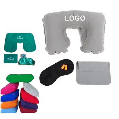 Portable 3In1 Travel Kit U Shaped Velvet Inflatable Neck Support Pillow With Eye Mask & Earplugs
