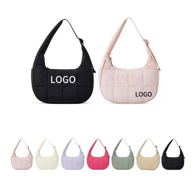 Women's Puffer Crescent Shoulder Bag, Quilted Small Nylon Underarm Handbag with Adjustable Strap