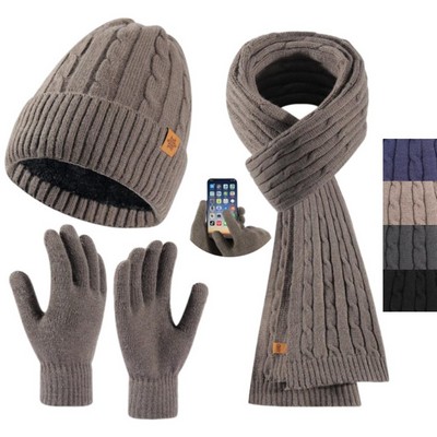 3-Pack Winter Warm Beanie Hat Scarf Touchscreen Gloves Set