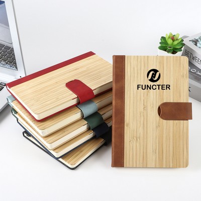 A5 Bamboo PU Leather Hardcover Bound Business Notebook Writing Journal W/ Magnetic Closure