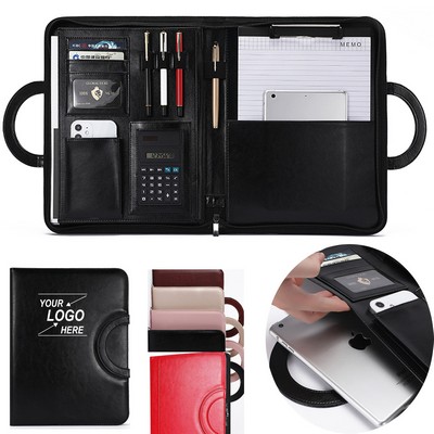 Zippered PU Leather Padfolio with Handle Clipboard