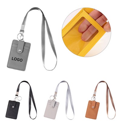 PU Leather ID Badge Card Holder With Detachable Neck Lanyard Strap