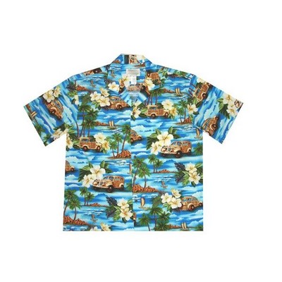 Blue Hawaiian Cotton Poplin Shirt w/Button Front & Short Sleeves