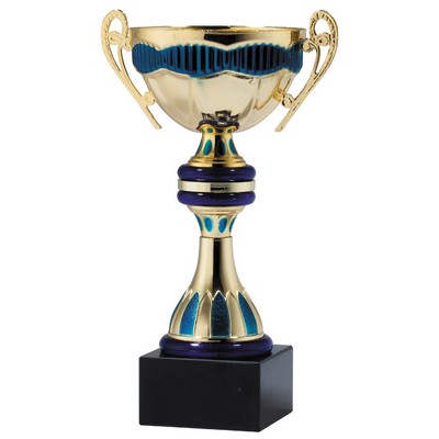 Gold and Blue Metal Ribbon Cup on Black Marble Base