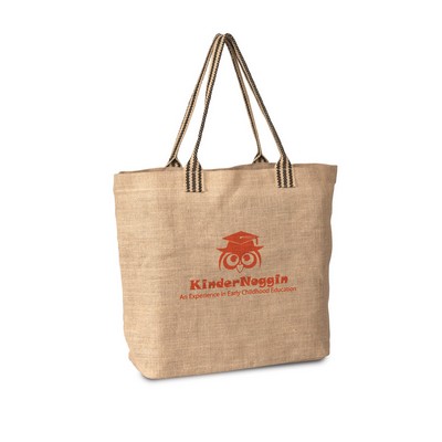 Laminated Jute Burlap Large Tote Bag with Patterned Cotton Handles