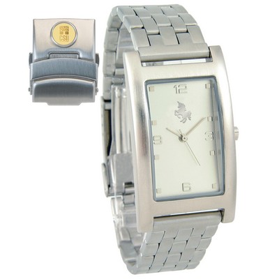 Men's Rectangle Silver Wristwatch W/ Gold Medallion