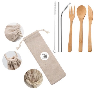 Eco-Friendly Wooden Flatware Set with a Retro Cloth Pouch for Travel.