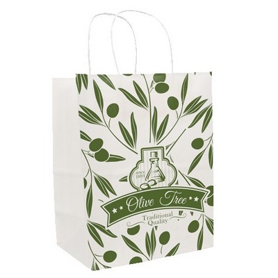 One Color 1-Sided White w/ White Handle Shopper Paper Bags (8"x 10.25"x 5")