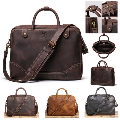 14" Men's Laptop Document Bag Top Layer Cowhide Casual Retro