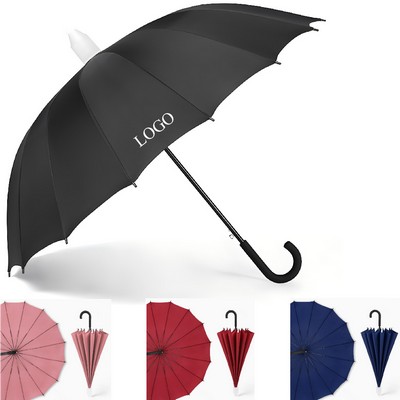 16 Ribs Curved Handle Straight Umbrella With Plastic Waterproof Cover