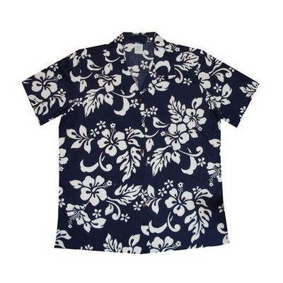 Ladies Navy Hawaiian Print Cotton Short Sleeve Shirt