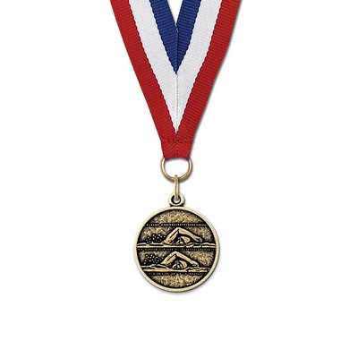 Double Swimmer Cast CX Medal w/Red/White/Blue or Year Grosgrain Neck Ribbon (1 1/8")