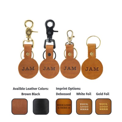 Round Full-Grain Leather Keychain w/Split Ring