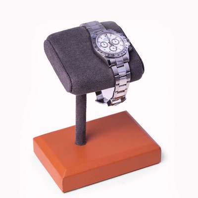 Matte Brown Single Watch Display Stand w/Grey Suede Cushion