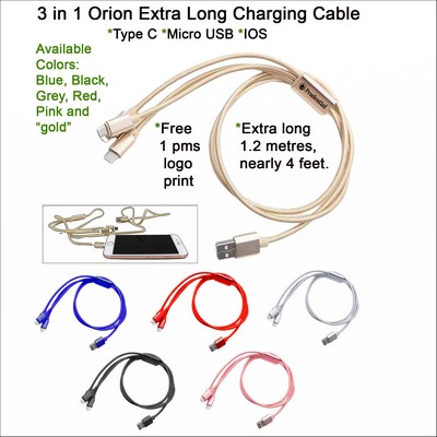 3 in 1 Orion Extra Long Charging Cable Gold No Extra Tariff
