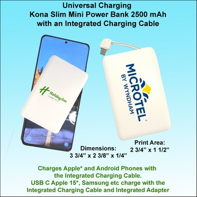 Universal Charging Kona Slim Mini Power Bank 2500 mAh, Integrated Charging Cable No Extra Tariff