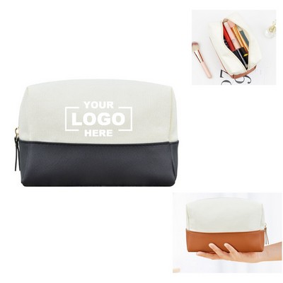 Cotton Canvas Color Blocking Cosmetic Bag Essentials Pouch.