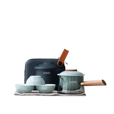 Ceramic Camping Tea Set W/ Wooden Handle Teapot