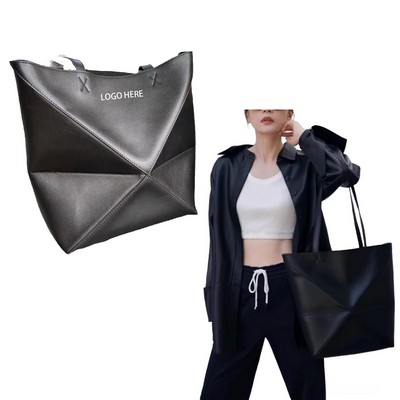Convertible Geometric Patchwork Tote Genuine Leather