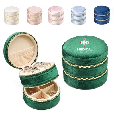 Compact Double Layer Velvet Round Zipper Case for Rings