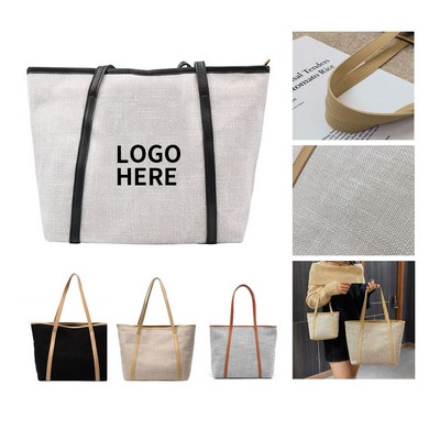 Elegant Canvas Shoulder Tote with Leather Grip