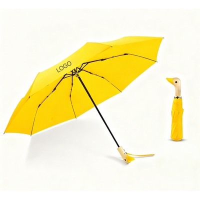 Three Fold Duck Head Umbrella Creative Wooden Handle Sun Rain Dual Purpose Folding Parasol