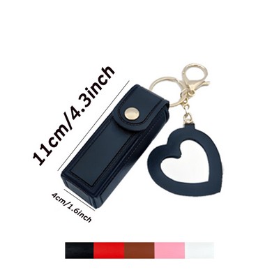 PU Leather Portable Outdoor Lipstick Caser With Keychain Mirror