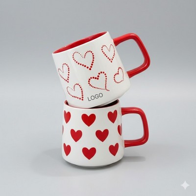 Romantic Red Heart Couple's Mug Set Ceramic Coffee Cup with Heart Handle Matching Valentine's Day