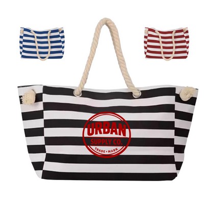 Extra Large Canvas Beach Tote – Custom Logo Striped Zipper Bag