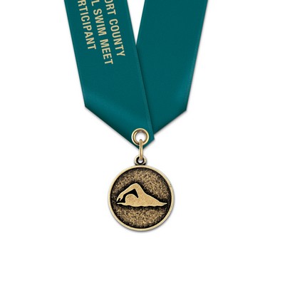1 1/8" Stylized Swimmer Cast CX Medal w/Satin Neck Ribbon