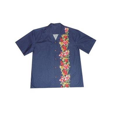Men's / Unisex Navy Hawaiian Tropical Vertical Border Print Cotton Shirt