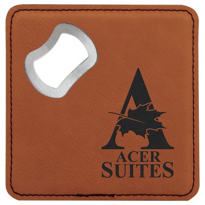 Square Rawhide Laser Engraved Leatherette Bottle Opener Coaster (4" x 4")
