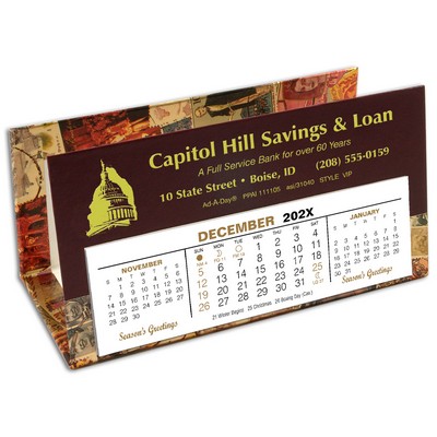 VIP Deskretary Paper Holder/Organizer Desk Calendar, Maroon+Gold Stamps