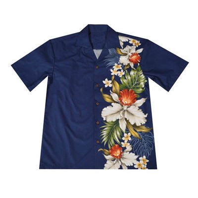 Navy Blue Men's / Unisex Hawaiian Tropical Vertical Border Print Cotton Shirt