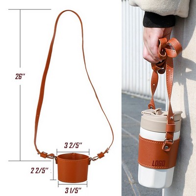 Vintage Leather Coffee Cup Sleeve w/Adjustable Crossbody Shoulder Strap