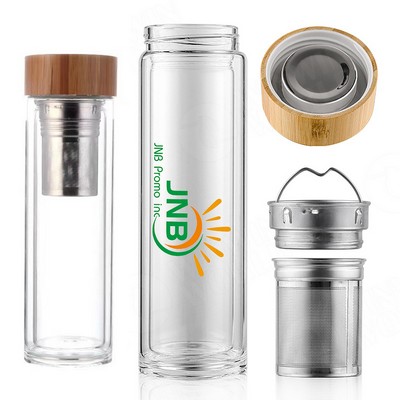 Clear Glass Travel Natural Bamboo Lid And Tea Infuser