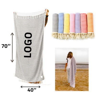 Oversized Cotton Striped Mediterranean Turkish Beach Towel w/Weave Tassel 70"x40"