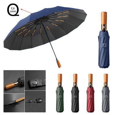 46" Arc Foldable Umbrella With Wooden Handle