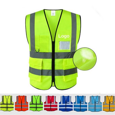 High Visibility Breathable Mesh Fabric Safety Vest w/Multi Pockets & Zipper & Reflective Strips