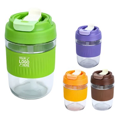 13 Oz Glass Travel Mug with Lid and Straw Reusable Coffee Water Cup