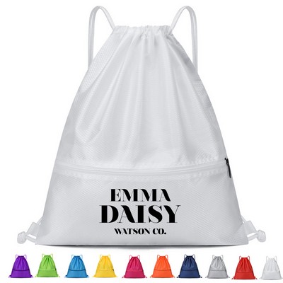 Oxford Waterproof Drawstring Backpack with Zip Pockets & Thick Strap