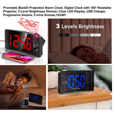 Promotek iBank® Projection Alarm Clock, Digital Clock with 180° Rotatable Projector