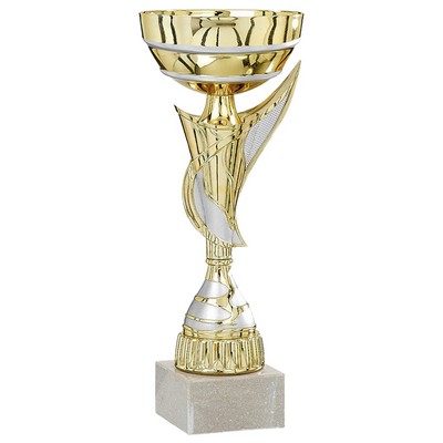 13 1/2" Gold with Silver Accents European Style Trophy Cup on White Marble Base