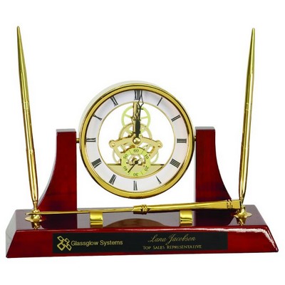 10 1/2" x 6" Executive Gold/Rosewood Piano Finish Clock w/2 Pens/Letter Opener