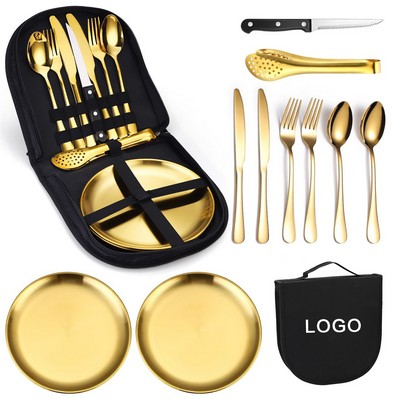 10pcs Stainless steel outdoor tableware set camping picnic knife fork and spoon disk set