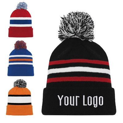 Winter Knitted Stripe Beanie With Pom