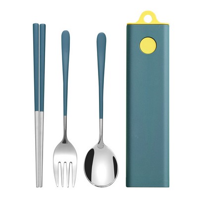Portable Travel Flatware Set - 3-piece Stainless Steel Spoon, Fork & Chopsticks With Slide-out Case