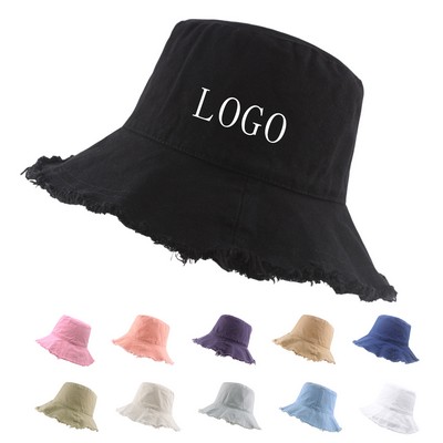 Frayed Edge Cotton Bucket Hat for Sun Protection