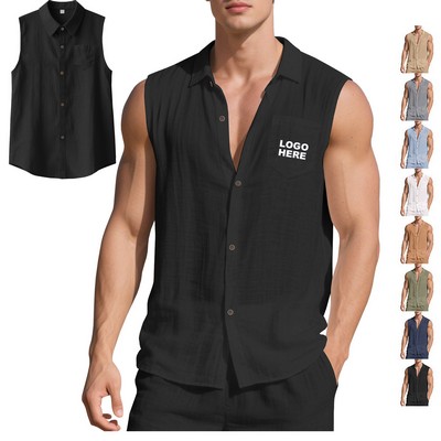 Custom Lightweight Vacation Summer Shirt Muscle Men's Sleeveless Button Down Shirt
