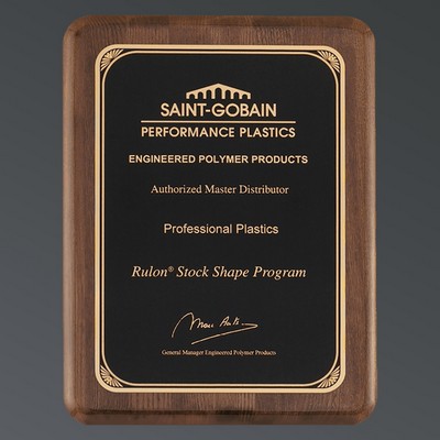 Premium Walnut Piano Finish, Rounded Rectangle, Black Brass Plate w/Florentine, Medium (8"x10-1/2")